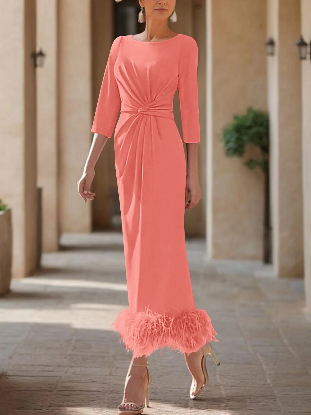 Sheath/Column Scoop Neck Ankle Length Elegant Mother of the Bride & Groom Dresses with Feather