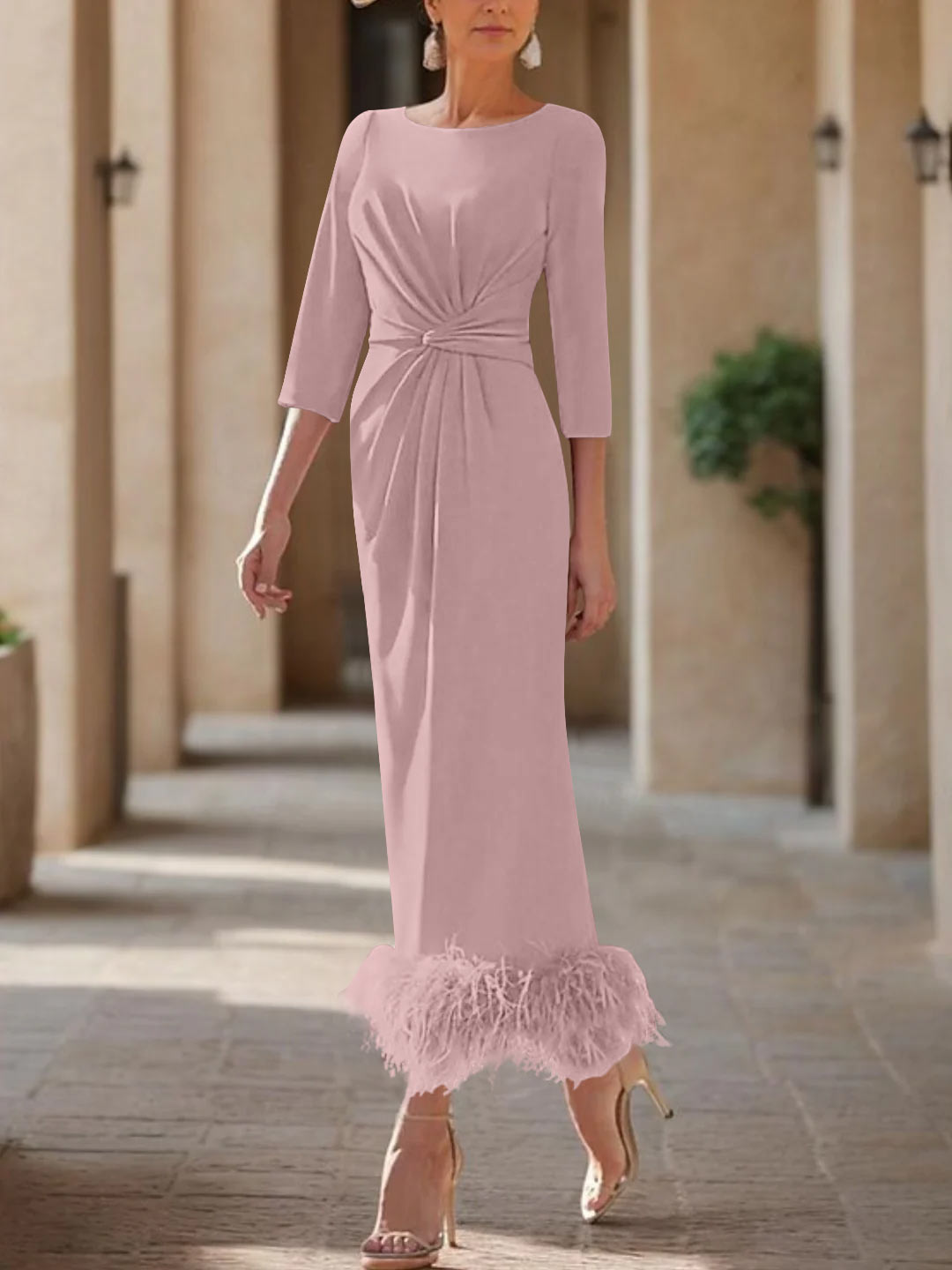Sheath/Column Scoop Neck Ankle Length Elegant Mother of the Bride & Groom Dresses with Feather