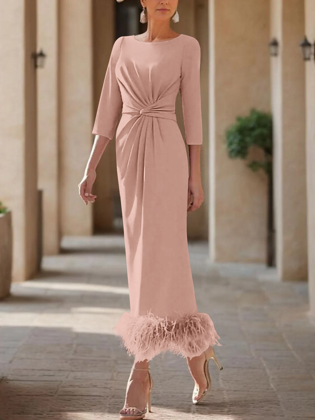 Sheath/Column Scoop Neck Ankle Length Elegant Mother of the Bride & Groom Dresses with Feather