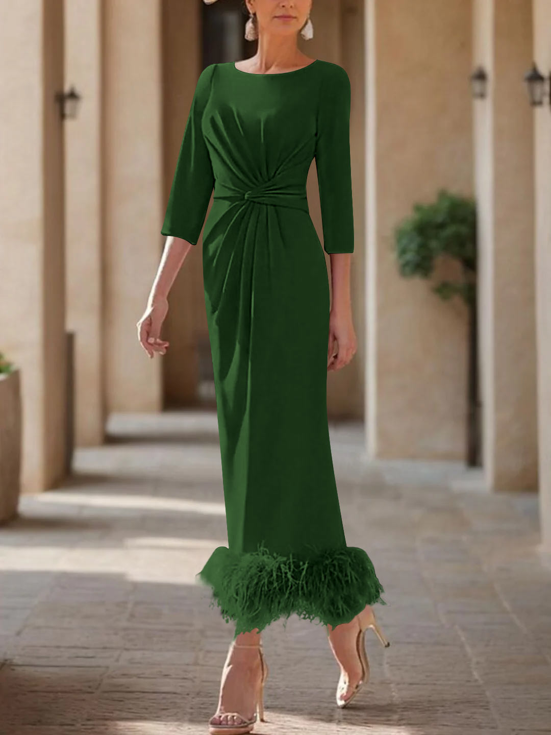 Sheath/Column Scoop Neck Ankle Length Elegant Mother of the Bride & Groom Dresses with Feather