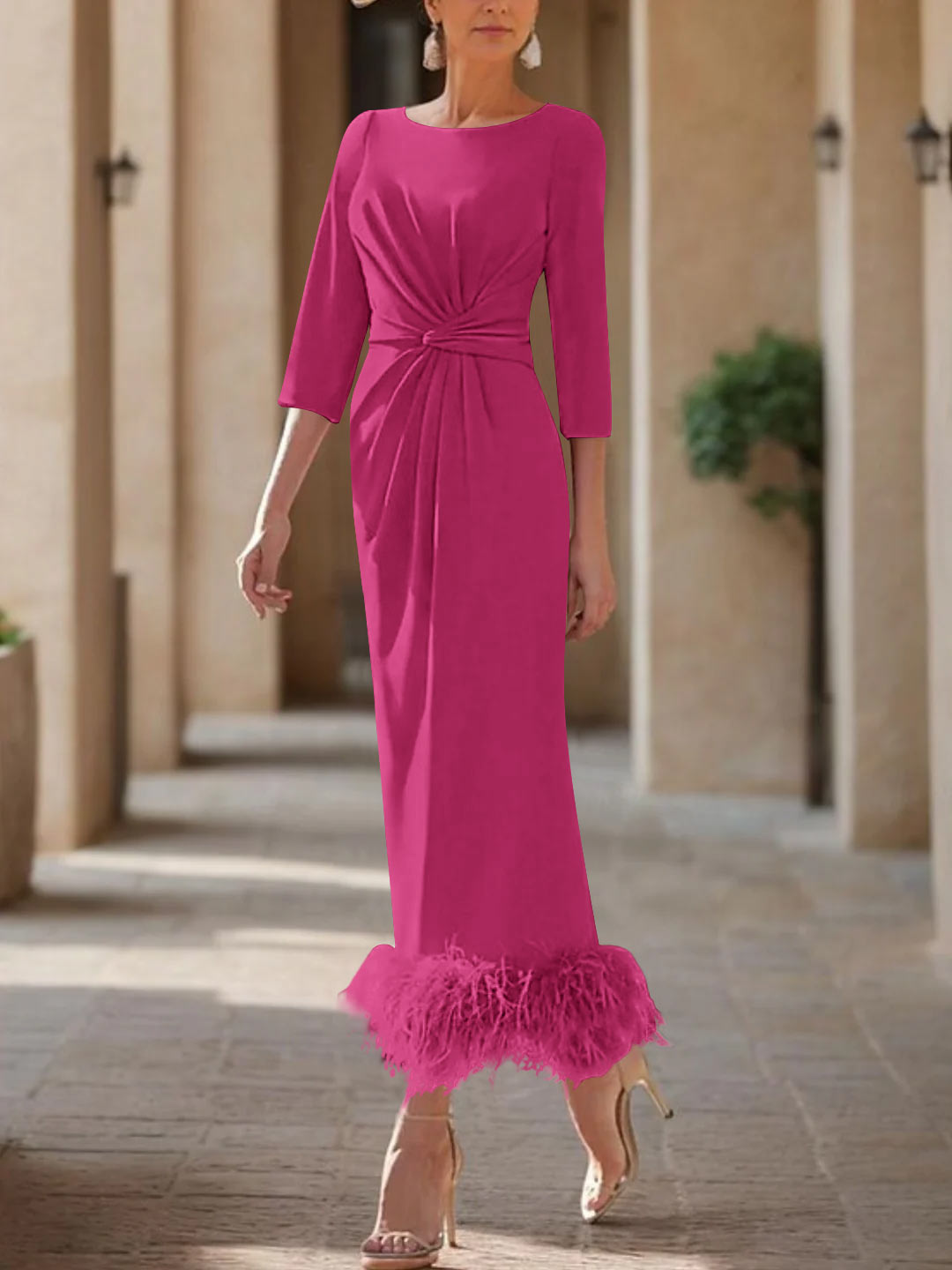 Sheath/Column Scoop Neck Ankle Length Elegant Mother of the Bride & Groom Dresses with Feather