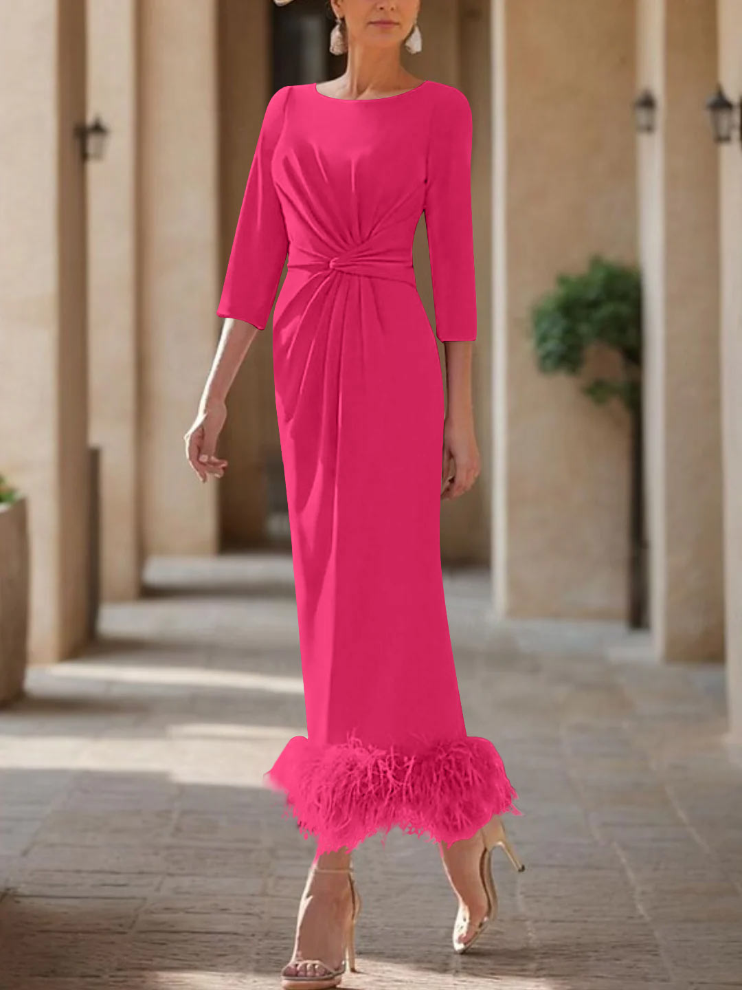 Sheath/Column Scoop Neck Ankle Length Elegant Mother of the Bride & Groom Dresses with Feather