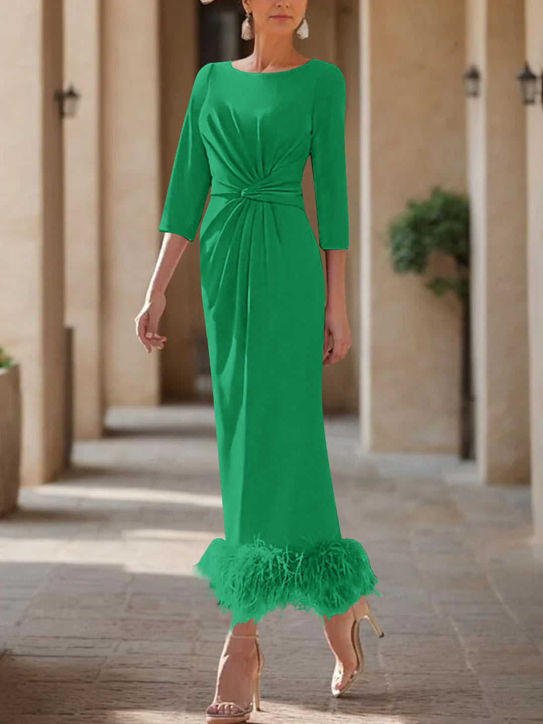 Sheath/Column Scoop Neck Ankle Length Elegant Mother of the Bride & Groom Dresses with Feather