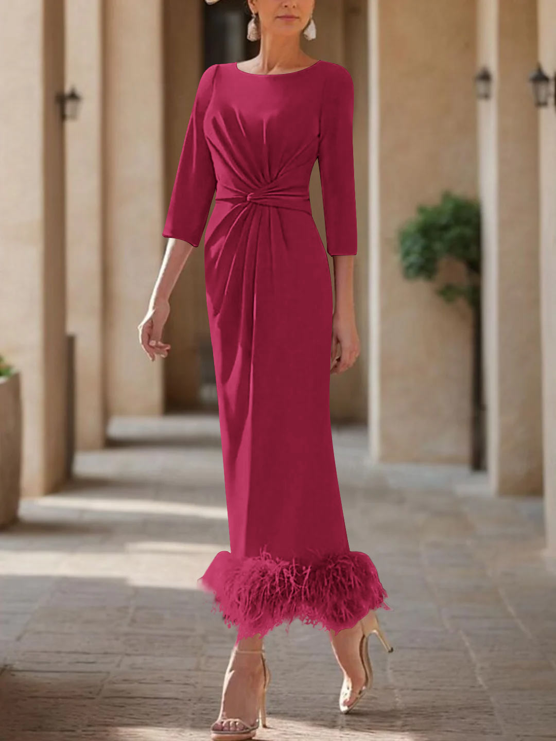 Sheath/Column Scoop Neck Ankle Length Elegant Mother of the Bride & Groom Dresses with Feather