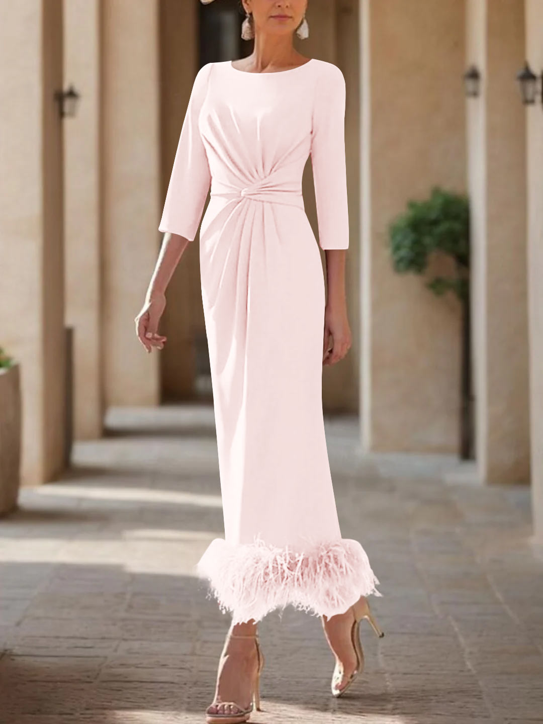 Sheath/Column Scoop Neck Ankle Length Elegant Mother of the Bride & Groom Dresses with Feather