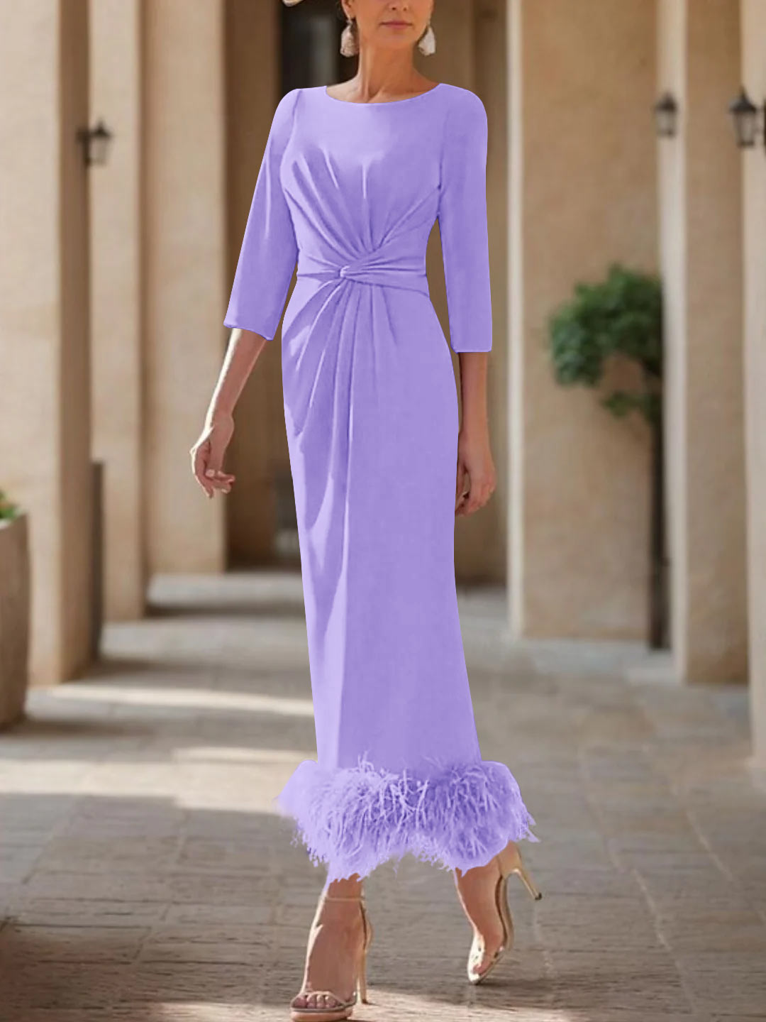 Sheath/Column Scoop Neck Ankle Length Elegant Mother of the Bride & Groom Dresses with Feather