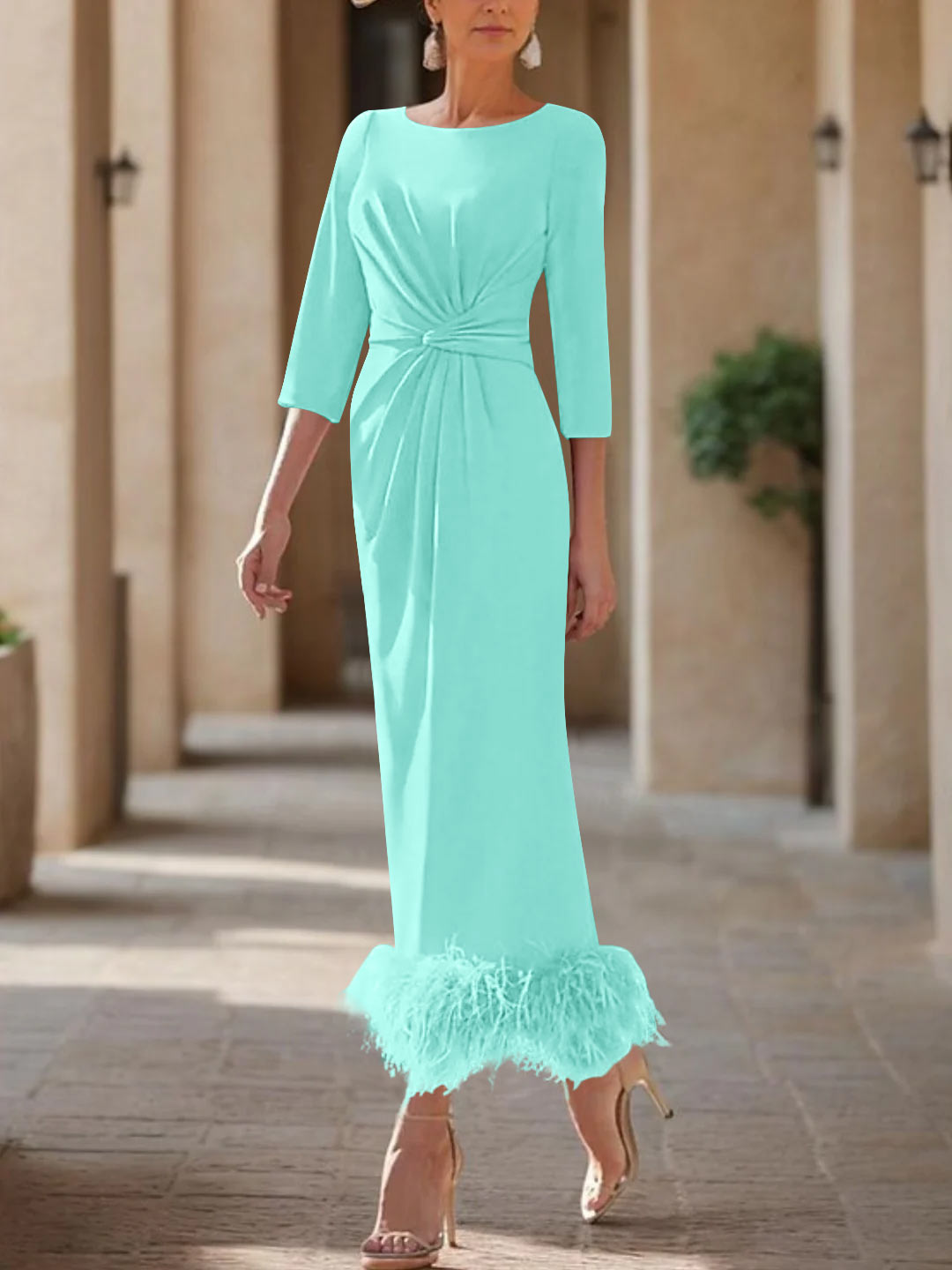 Sheath/Column Scoop Neck Ankle Length Elegant Mother of the Bride & Groom Dresses with Feather