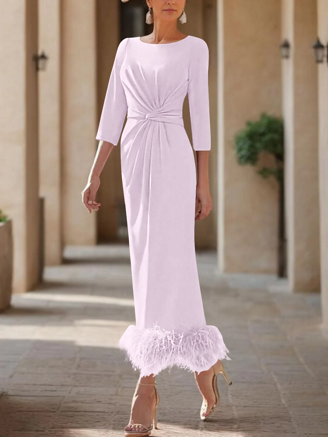 Sheath/Column Scoop Neck Ankle Length Elegant Mother of the Bride & Groom Dresses with Feather