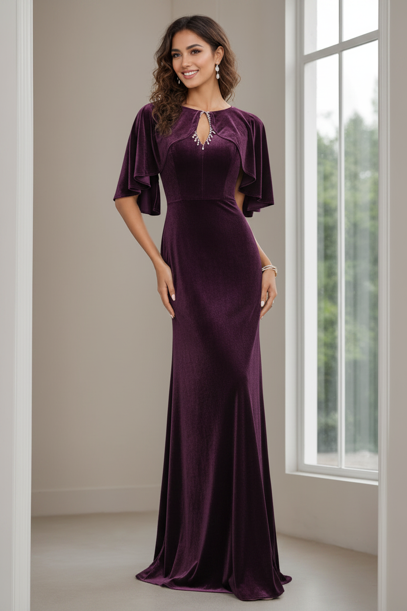 Sheath/Column Scoop Neck Half Sleeves Floor-Length Velvet Mother of the Bride Dresses with Beading, Appliques & Sequins