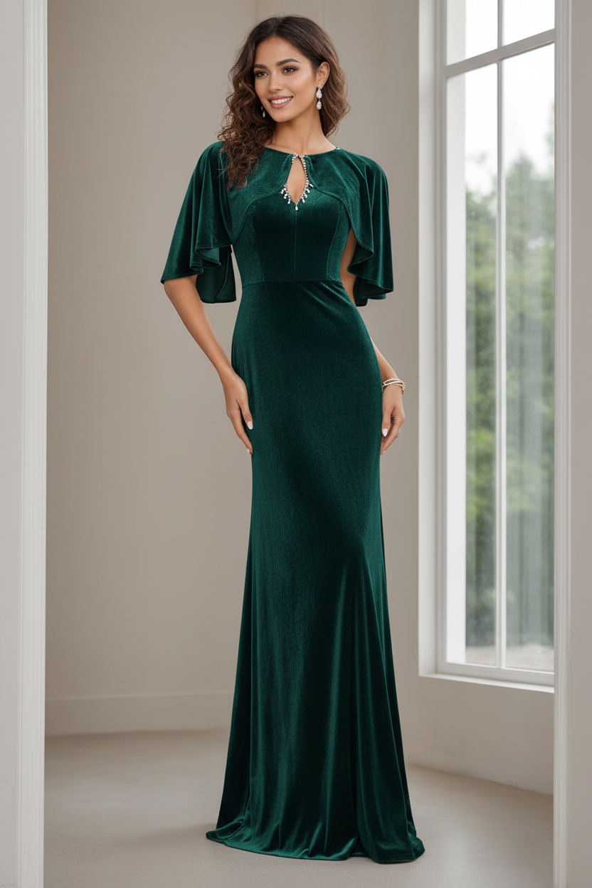 Sheath/Column Scoop Neck Half Sleeves Floor-Length Velvet Mother of the Bride Dresses with Beading, Appliques & Sequins