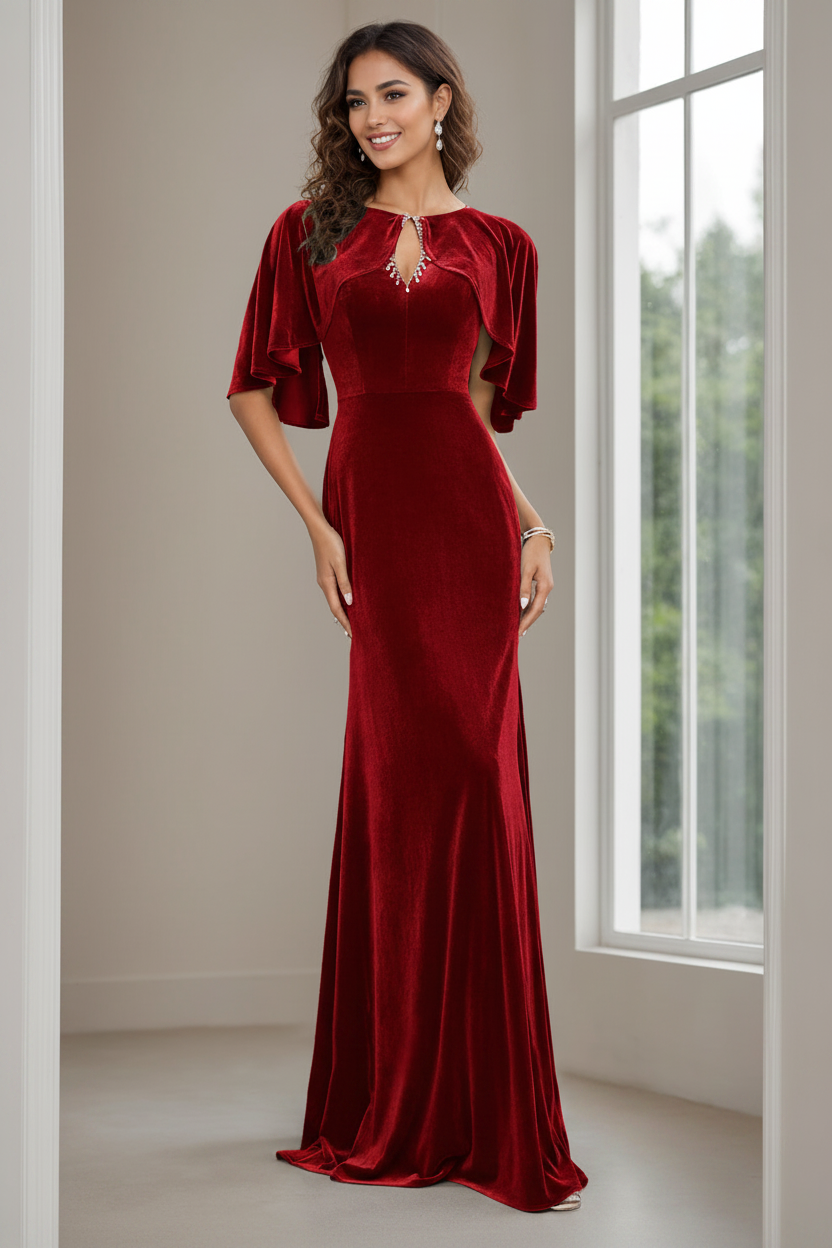 Sheath/Column Scoop Neck Half Sleeves Floor-Length Velvet Mother of the Bride Dresses with Beading, Appliques & Sequins
