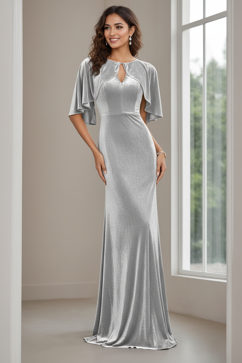 Sheath/Column Scoop Neck Half Sleeves Floor-Length Velvet Mother of the Bride Dresses with Beading, Appliques & Sequins