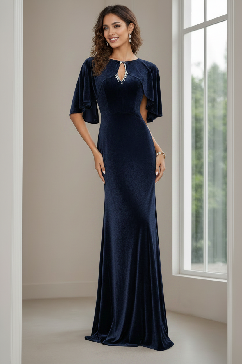 Sheath/Column Scoop Neck Half Sleeves Floor-Length Velvet Mother of the Bride Dresses with Beading, Appliques & Sequins