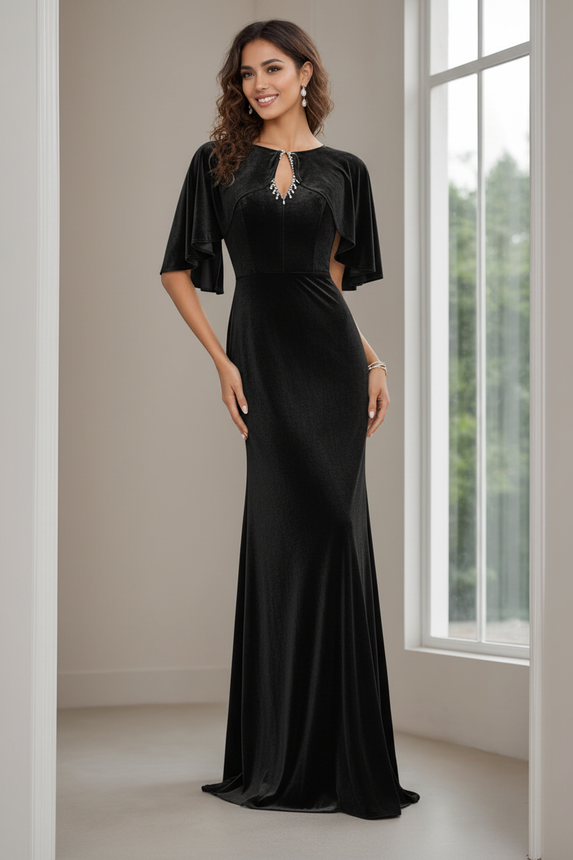 Sheath/Column Scoop Neck Half Sleeves Floor-Length Velvet Mother of the Bride Dresses with Beading, Appliques & Sequins