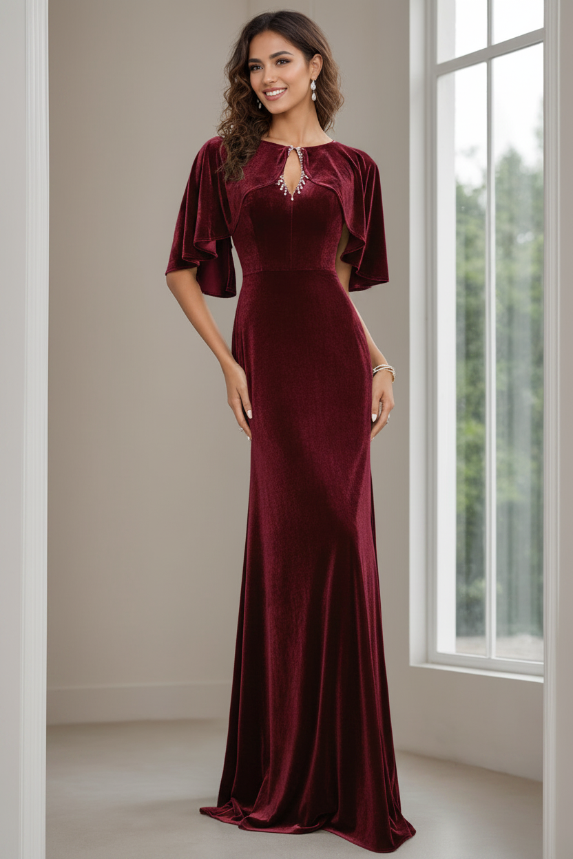 Sheath/Column Scoop Neck Half Sleeves Floor-Length Velvet Mother of the Bride Dresses with Beading, Appliques & Sequins