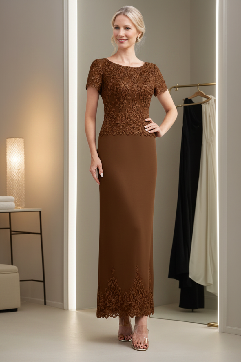 Sheath/Column Scoop Neck Short Sleeves Ankle-Length Mother of the Bride Dresses with Appliques