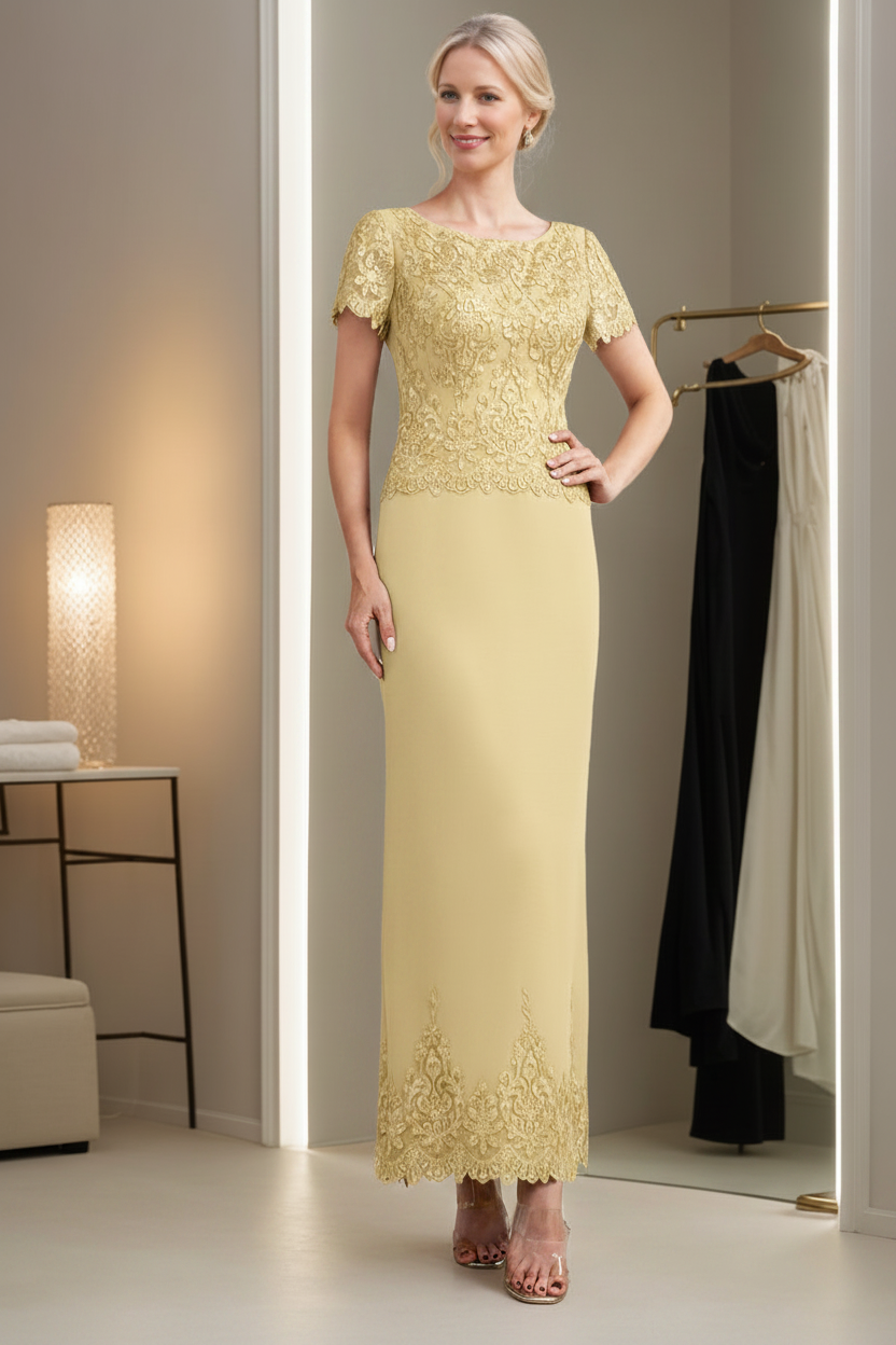 Sheath/Column Scoop Neck Short Sleeves Ankle-Length Mother of the Bride Dresses with Appliques