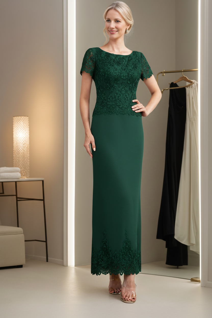 Sheath/Column Scoop Neck Short Sleeves Ankle-Length Mother of the Bride Dresses with Appliques