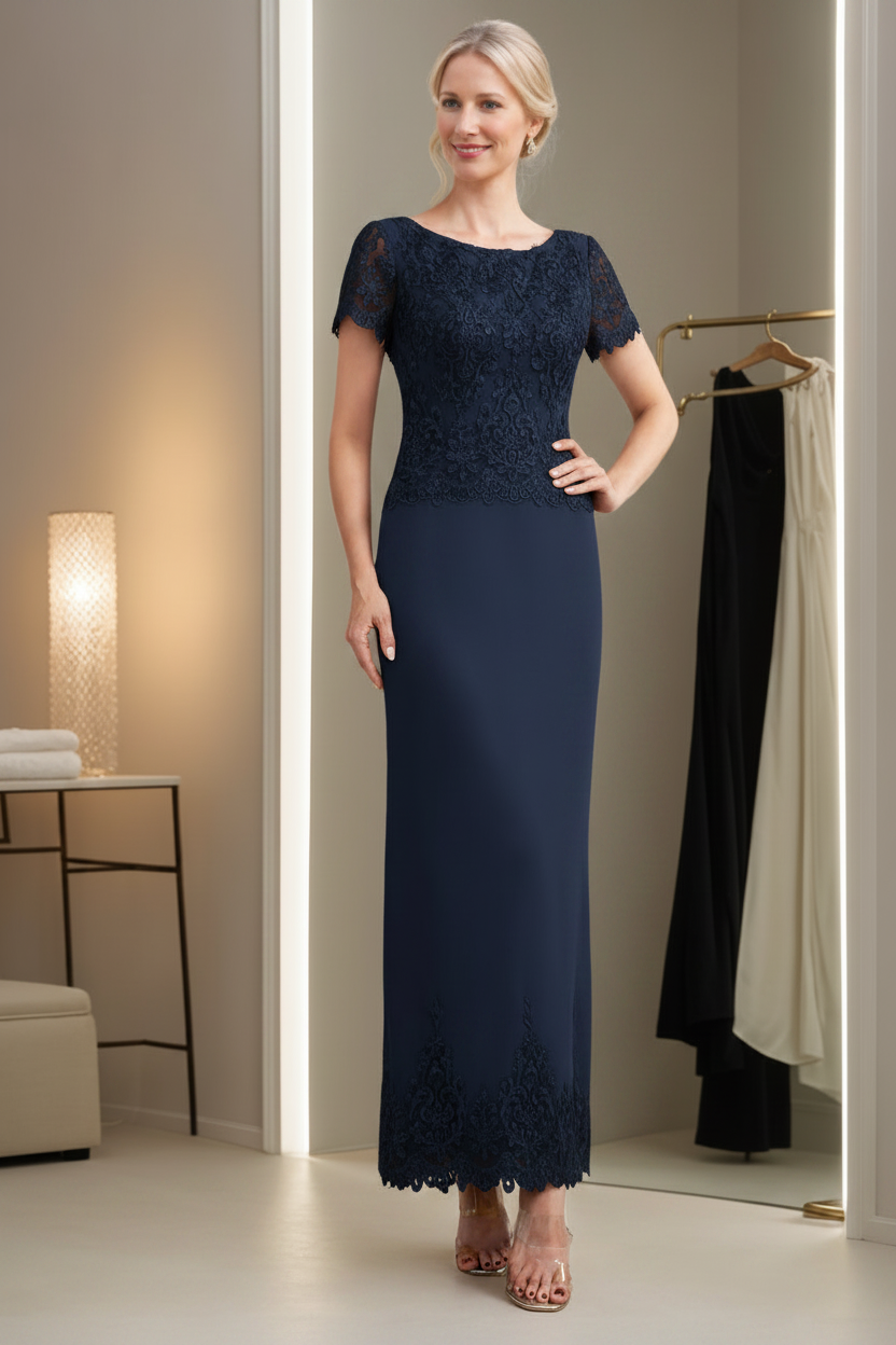 Sheath/Column Scoop Neck Short Sleeves Ankle-Length Mother of the Bride Dresses with Appliques