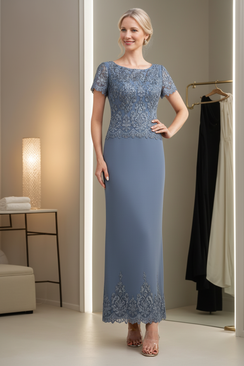 Sheath/Column Scoop Neck Short Sleeves Ankle-Length Mother of the Bride Dresses with Appliques
