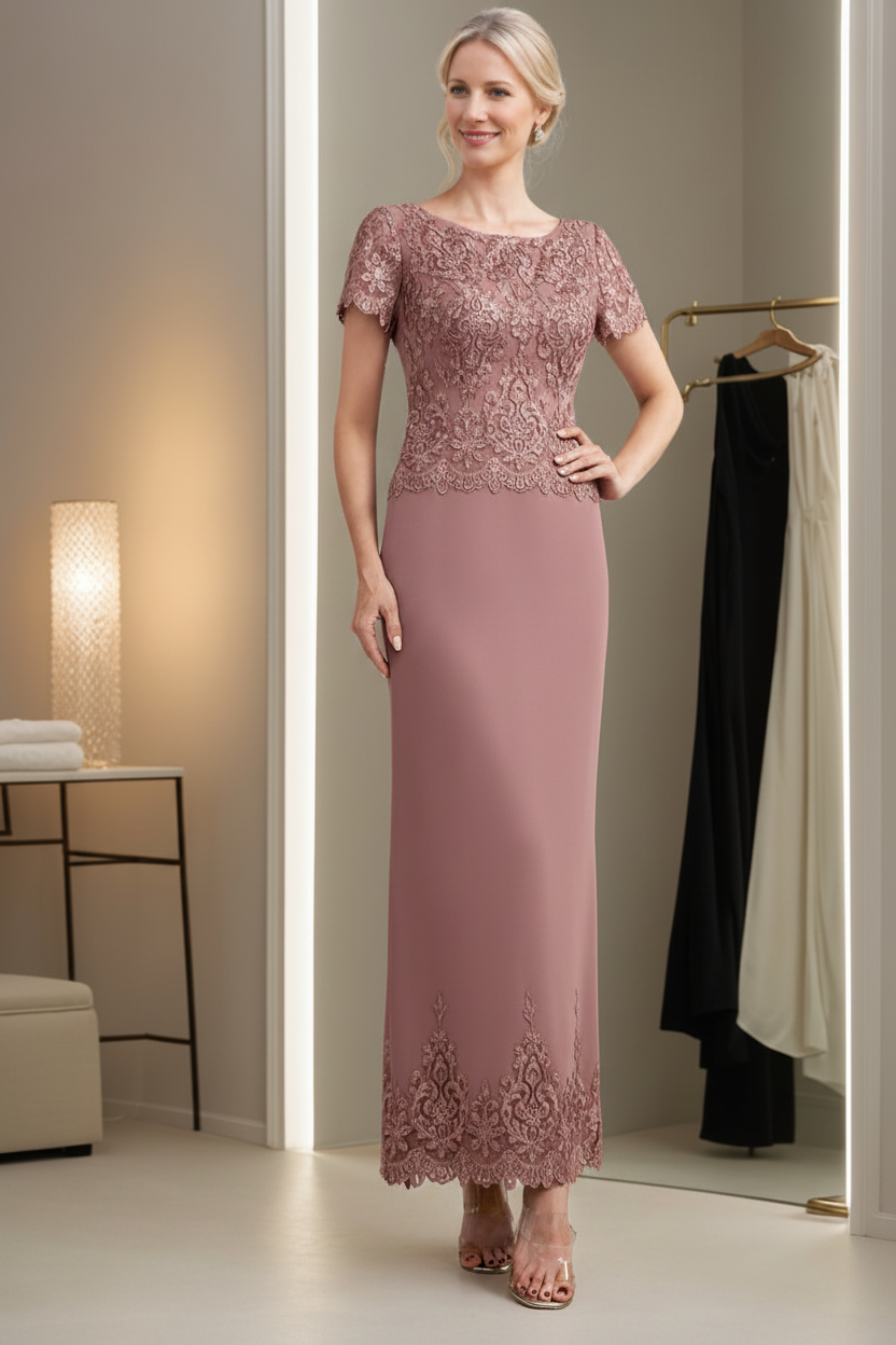 Sheath/Column Scoop Neck Short Sleeves Ankle-Length Mother of the Bride Dresses with Appliques