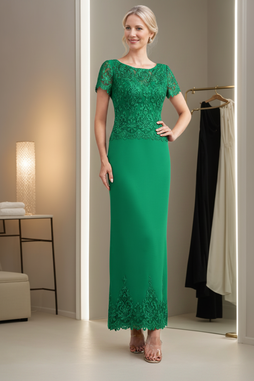Sheath/Column Scoop Neck Short Sleeves Ankle-Length Mother of the Bride Dresses with Appliques