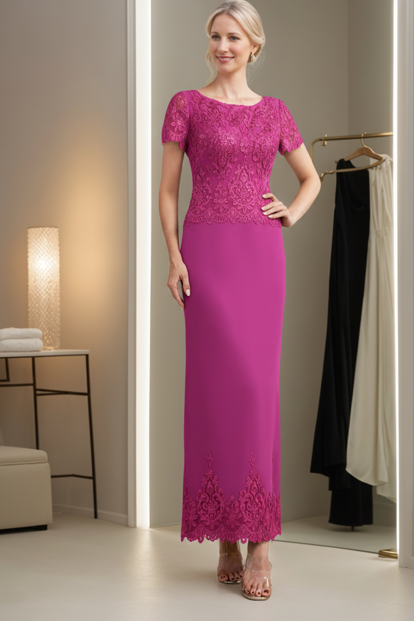 Sheath/Column Scoop Neck Short Sleeves Ankle-Length Mother of the Bride Dresses with Appliques