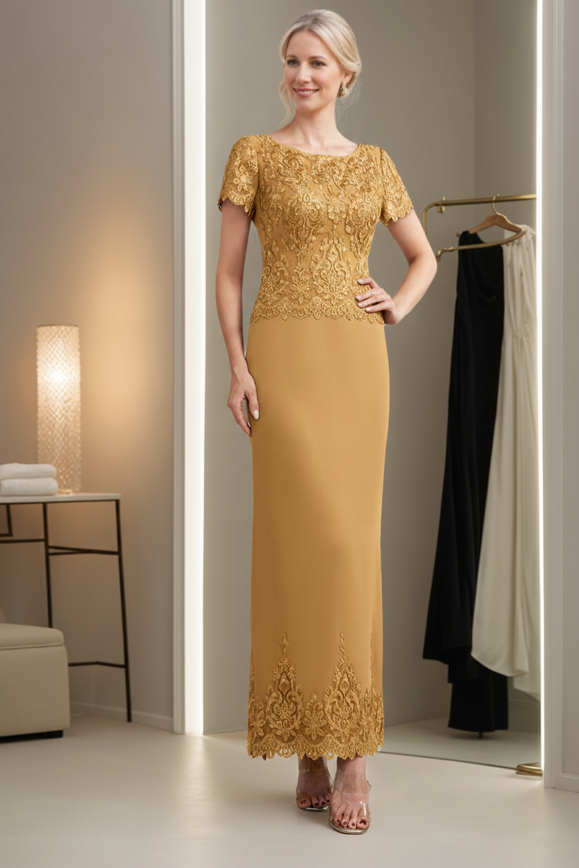 Sheath/Column Scoop Neck Short Sleeves Ankle-Length Mother of the Bride Dresses with Appliques