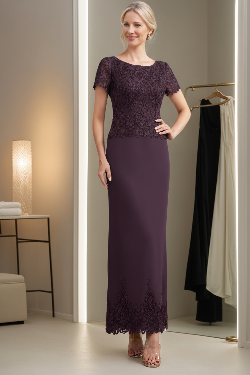 Sheath/Column Scoop Neck Short Sleeves Ankle-Length Mother of the Bride Dresses with Appliques