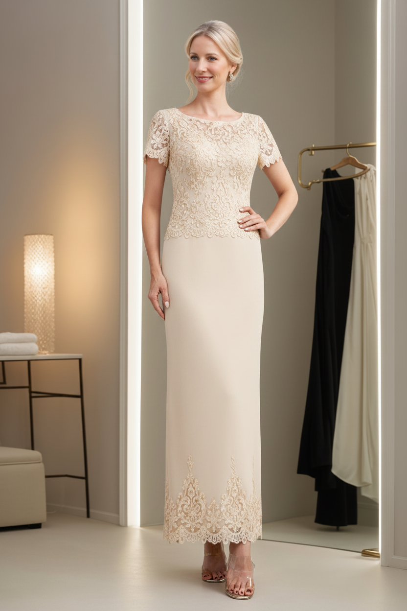 Sheath/Column Scoop Neck Short Sleeves Ankle-Length Mother of the Bride Dresses with Appliques