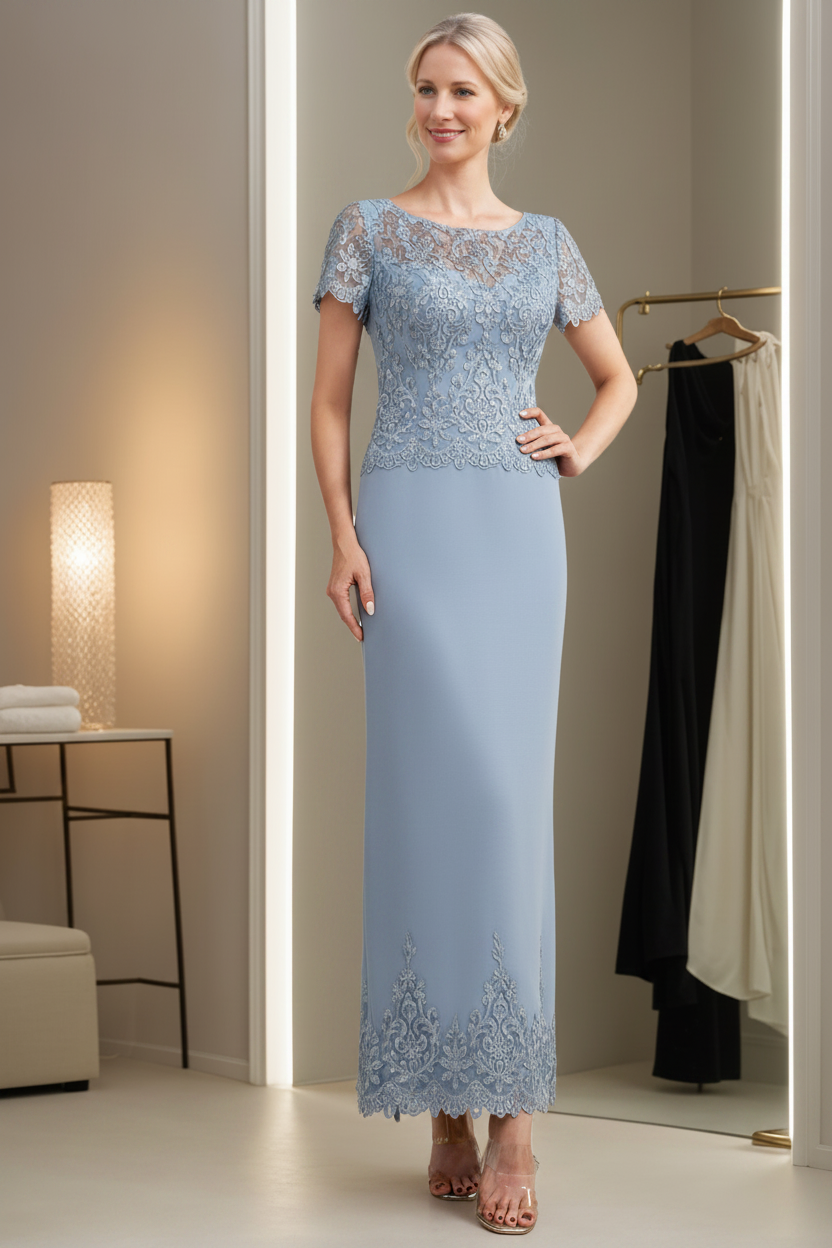 Sheath/Column Scoop Neck Short Sleeves Ankle-Length Mother of the Bride Dresses with Appliques
