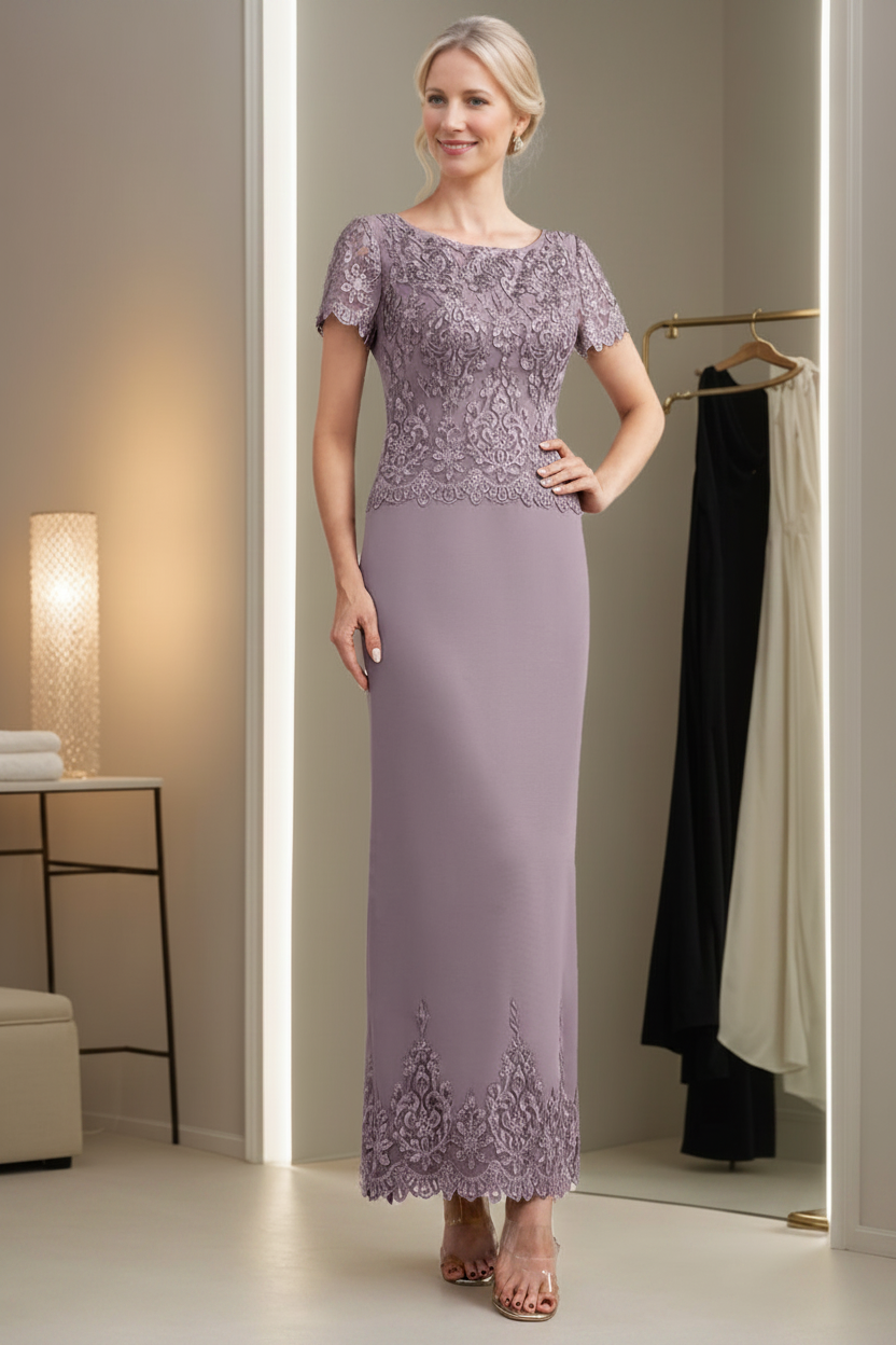 Sheath/Column Scoop Neck Short Sleeves Ankle-Length Mother of the Bride Dresses with Appliques