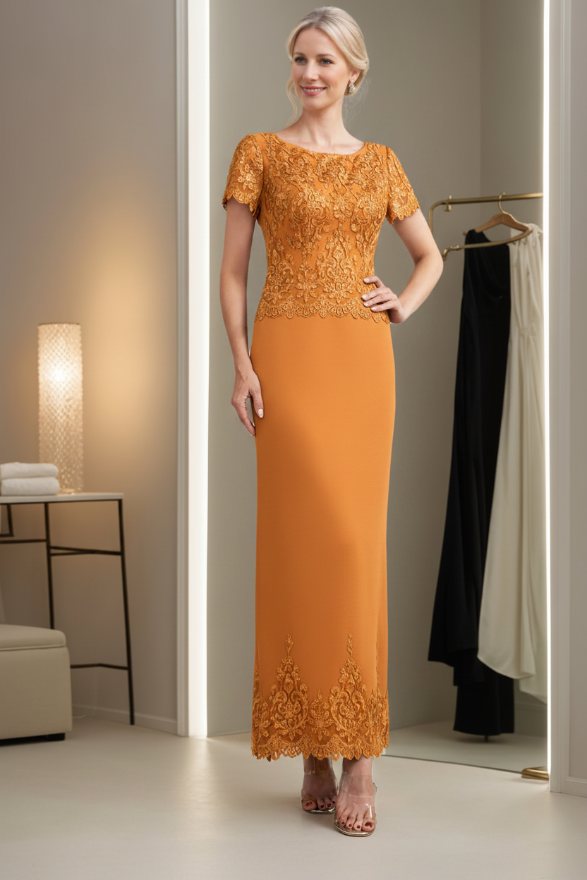 Sheath/Column Scoop Neck Short Sleeves Ankle-Length Mother of the Bride Dresses with Appliques