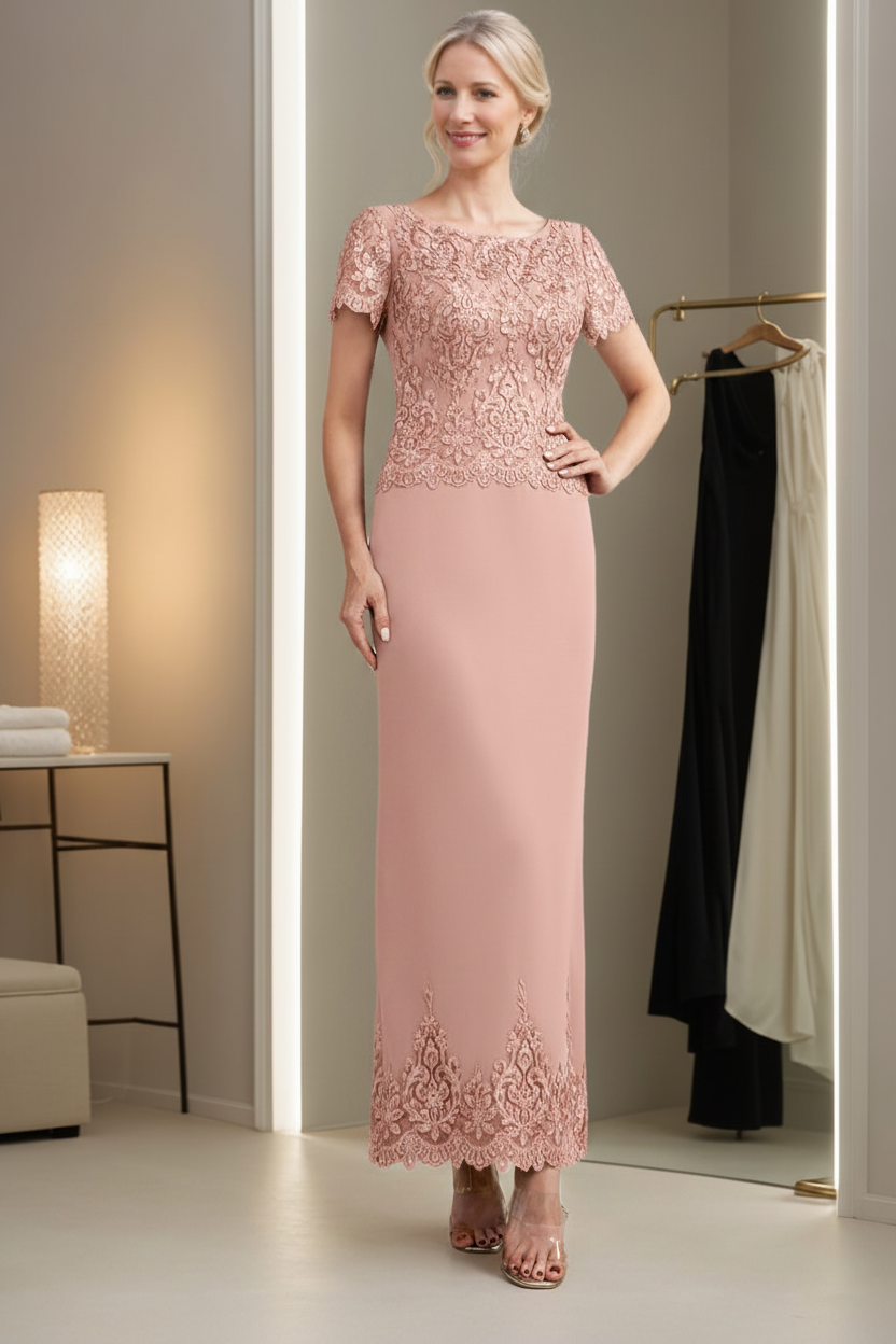 Sheath/Column Scoop Neck Short Sleeves Ankle-Length Mother of the Bride Dresses with Appliques