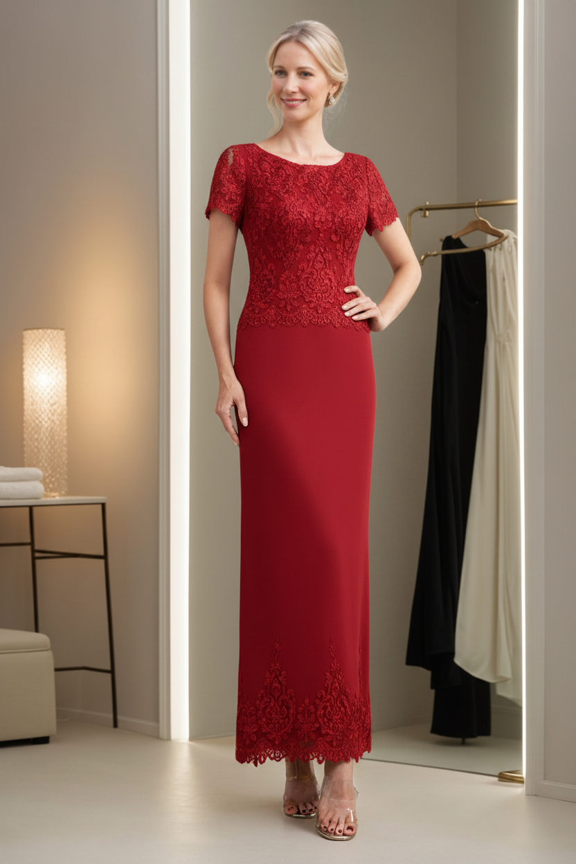 Sheath/Column Scoop Neck Short Sleeves Ankle-Length Mother of the Bride Dresses with Appliques