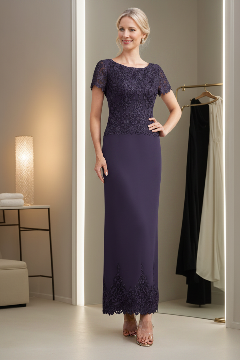 Sheath/Column Scoop Neck Short Sleeves Ankle-Length Mother of the Bride Dresses with Appliques