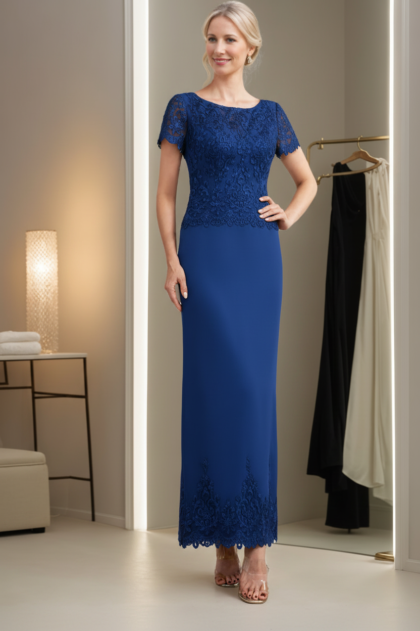 Sheath/Column Scoop Neck Short Sleeves Ankle-Length Mother of the Bride Dresses with Appliques