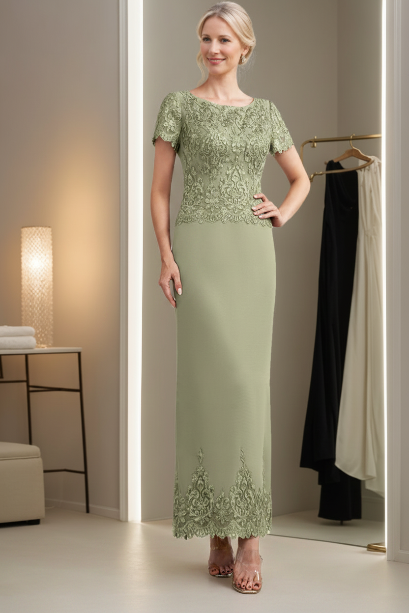 Sheath/Column Scoop Neck Short Sleeves Ankle-Length Mother of the Bride Dresses with Appliques