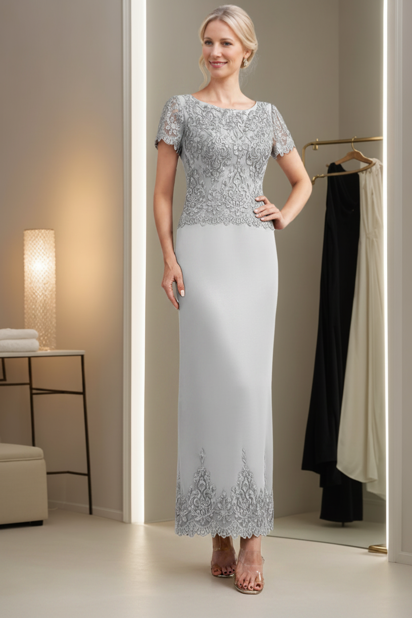 Sheath/Column Scoop Neck Short Sleeves Ankle-Length Mother of the Bride Dresses with Appliques
