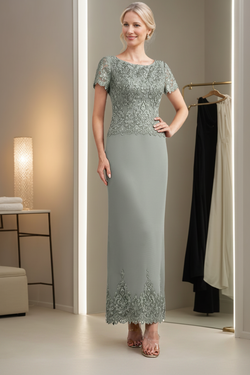 Sheath/Column Scoop Neck Short Sleeves Ankle-Length Mother of the Bride Dresses with Appliques