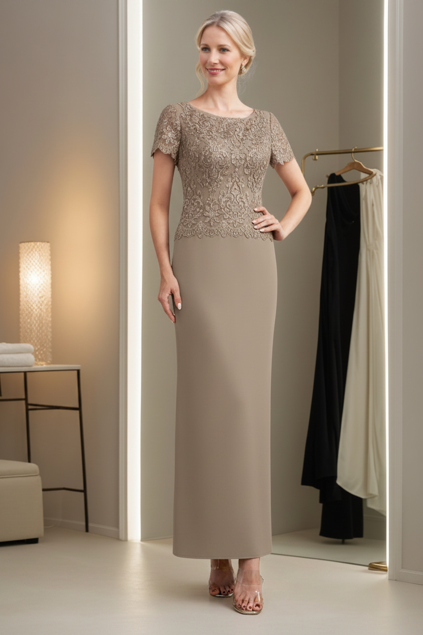 Sheath/Column Scoop Neck Short Sleeves Ankle-Length Mother of the Bride Dresses with Appliques