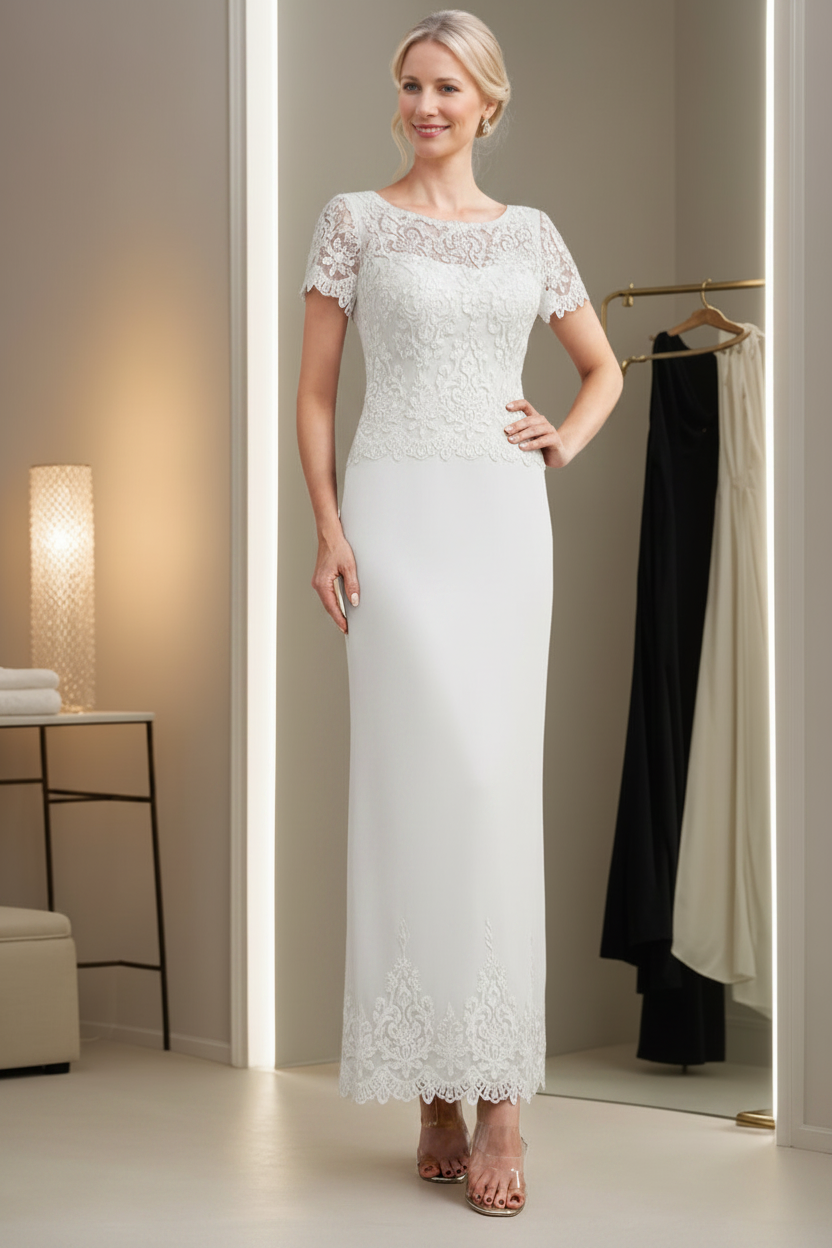 Sheath/Column Scoop Neck Short Sleeves Ankle-Length Mother of the Bride Dresses with Appliques