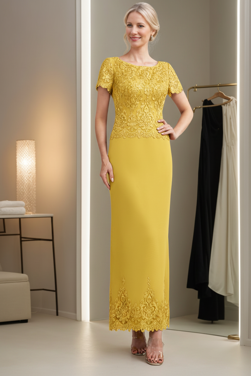 Sheath/Column Scoop Neck Short Sleeves Ankle-Length Mother of the Bride Dresses with Appliques