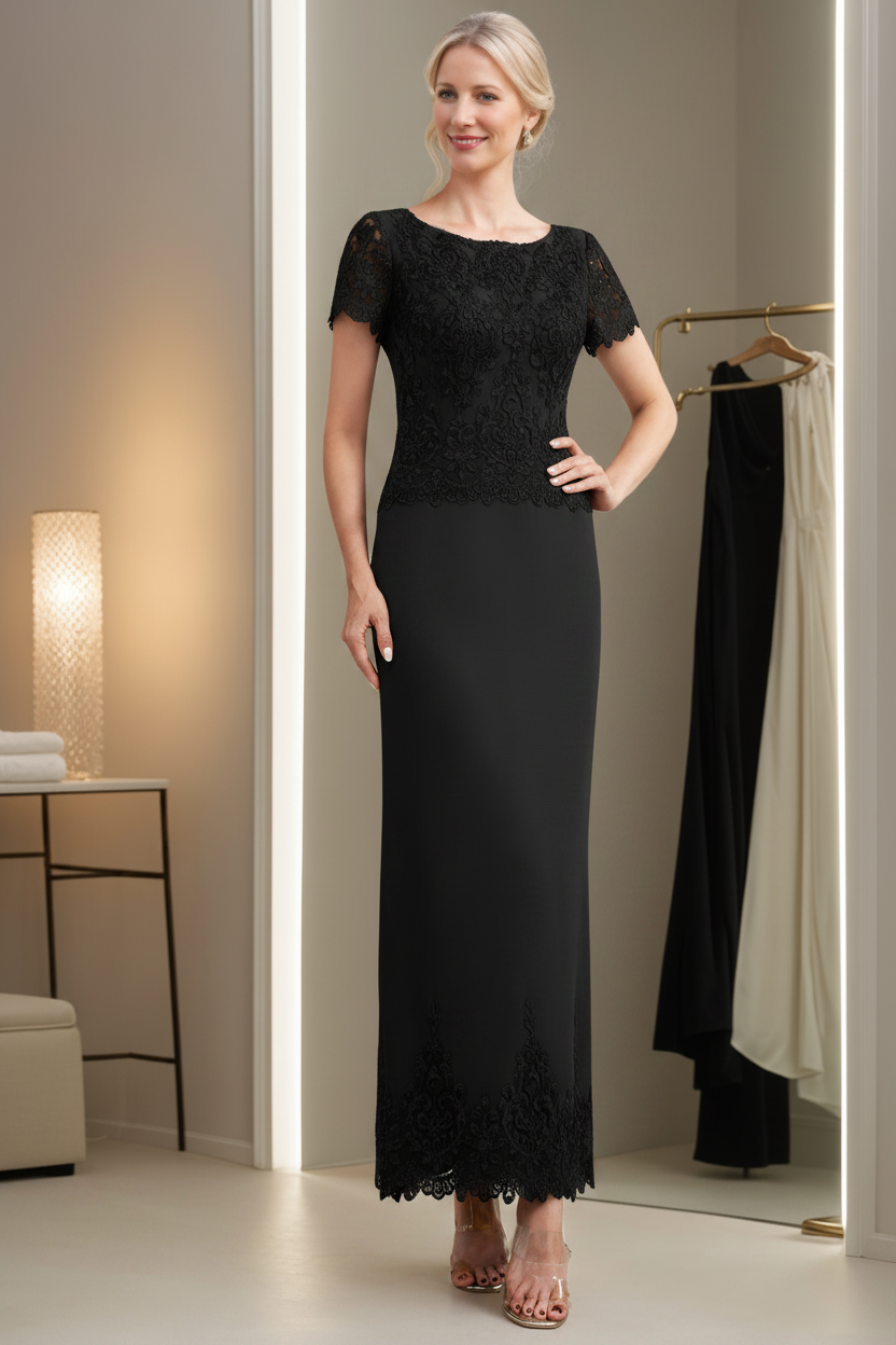Sheath/Column Scoop Neck Short Sleeves Ankle-Length Mother of the Bride Dresses with Appliques