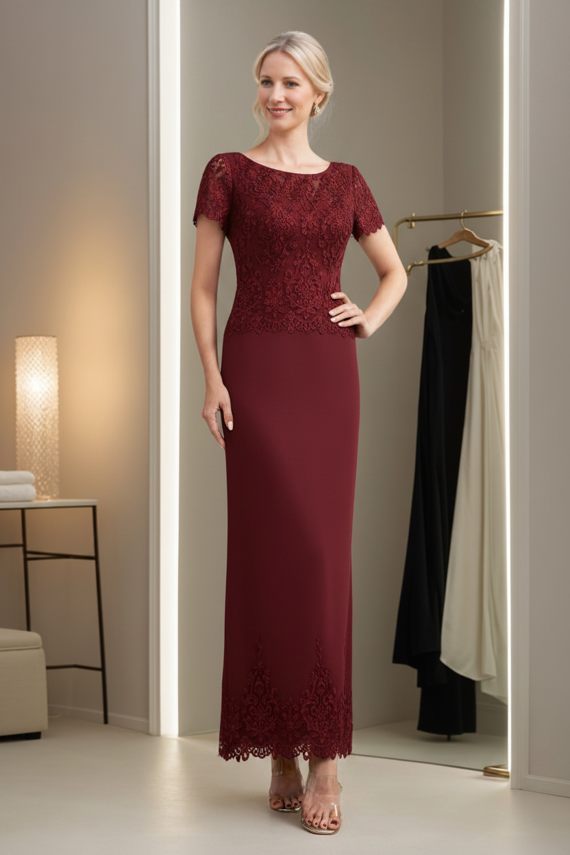 Sheath/Column Scoop Neck Short Sleeves Ankle-Length Mother of the Bride Dresses with Appliques