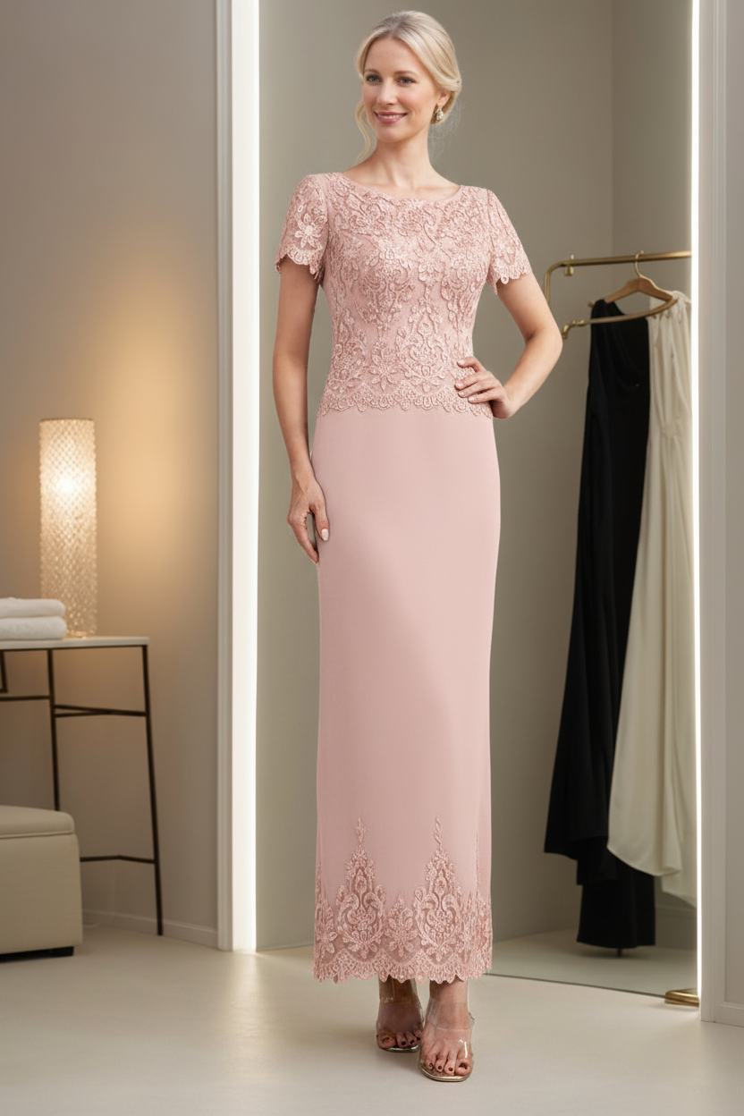 Sheath/Column Scoop Neck Short Sleeves Ankle-Length Mother of the Bride Dresses with Appliques