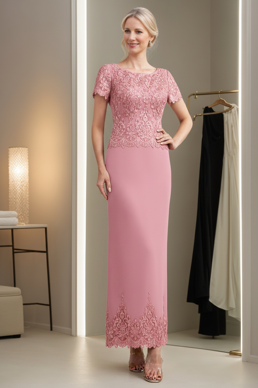 Sheath/Column Scoop Neck Short Sleeves Ankle-Length Mother of the Bride Dresses with Appliques