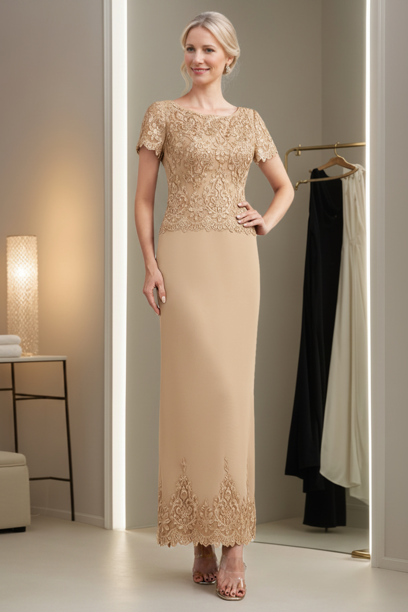 Sheath/Column Scoop Neck Short Sleeves Ankle-Length Mother of the Bride Dresses with Appliques