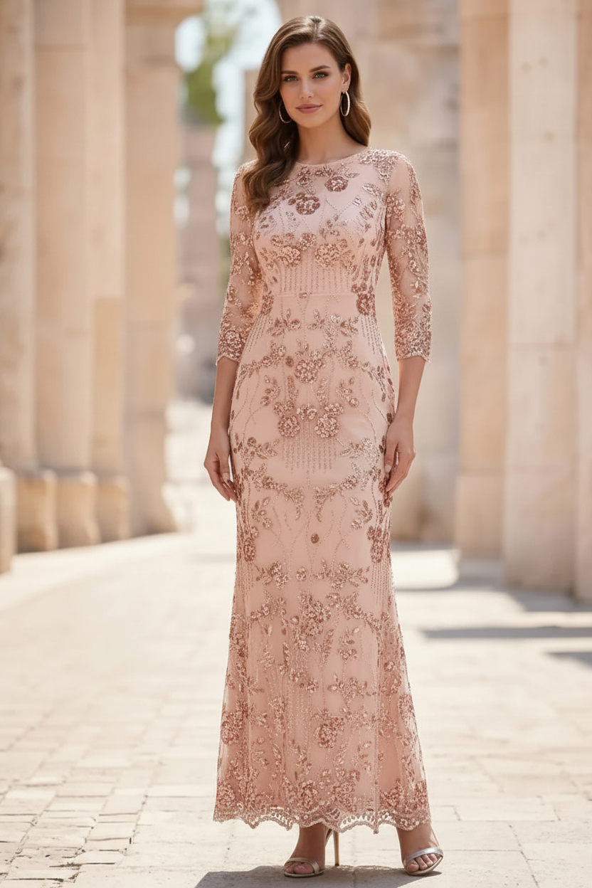 Sheath/Column Scoop Sequins Lace Mother of the Bride Dresses 3/4 Sleeves Floral Ankle-Length