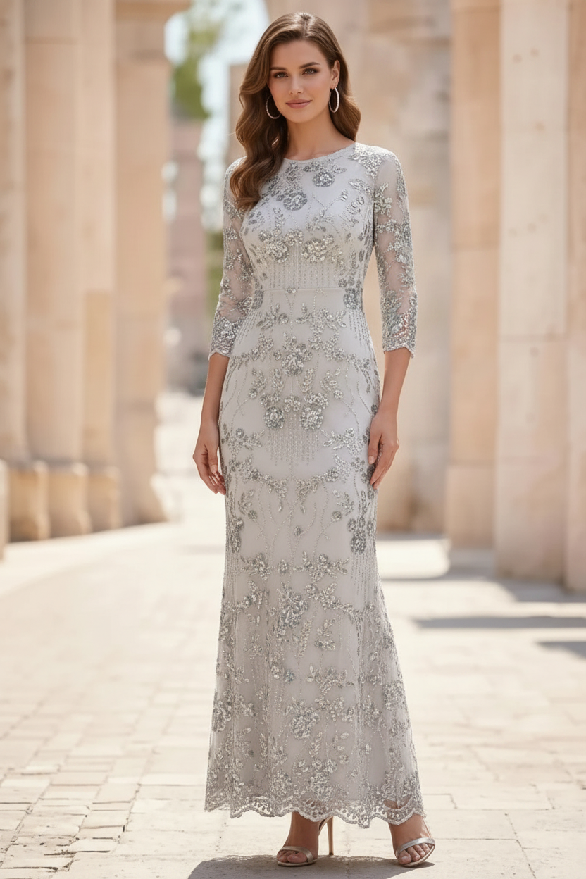 Sheath/Column Scoop Sequins Lace Mother of the Bride Dresses 3/4 Sleeves Floral Ankle-Length